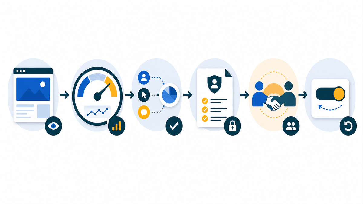 Website messaging evaluation workflow for performance privacy handoff and rollback